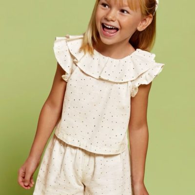 Ensemble écru pois dorés, short et blouse